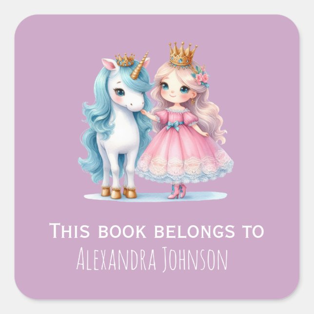 Cute Princess Unicorn This Book Belongs Purple Square Sticker (Front)