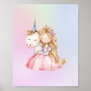 Cute Princess Unicorn Watercolor Rainbow Colour Poster
