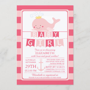 Cute Princess Whale Girl Baby Shower Invitation