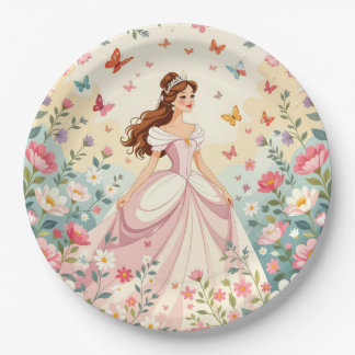 Cute princess with butterflies paper plate