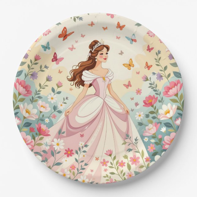 Cute princess with butterflies paper plate (Front)