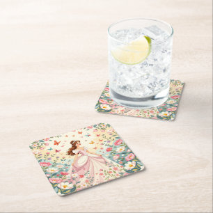 Cute princess with butterflies square paper coaster