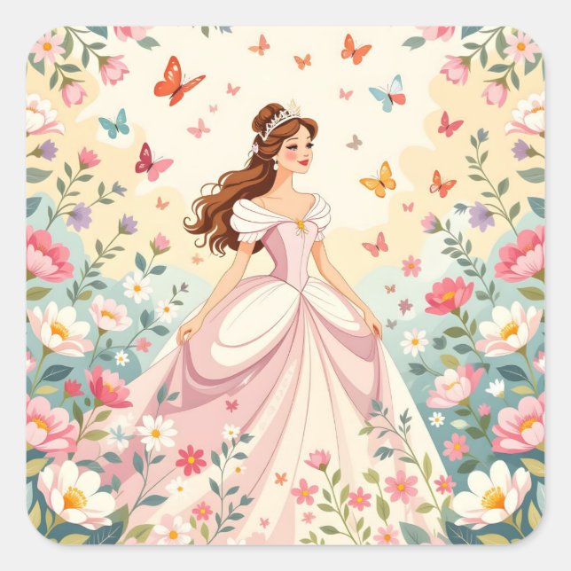Cute princess with butterflies square sticker (Front)
