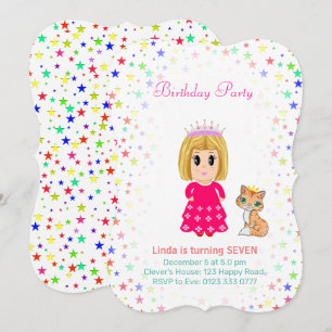 Cute Princess with Kitty Cat 7th Birthday Invitati Invitation