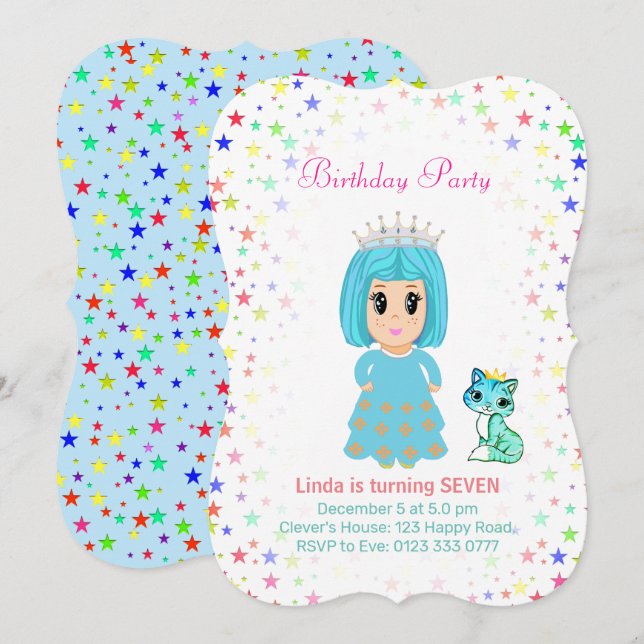 Cute Princess with Kitty Cat 7th Birthday Invitation (Front/Back)