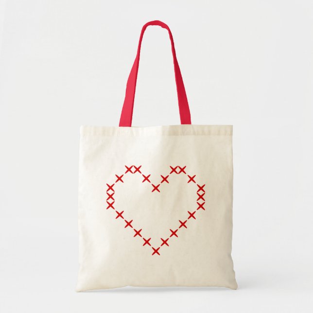 Cute printed red cross stitch heart tote bag (Front)
