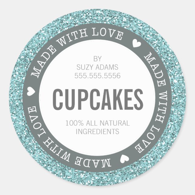 CUTE PRODUCT LABEL made with love glitter blue (Front)