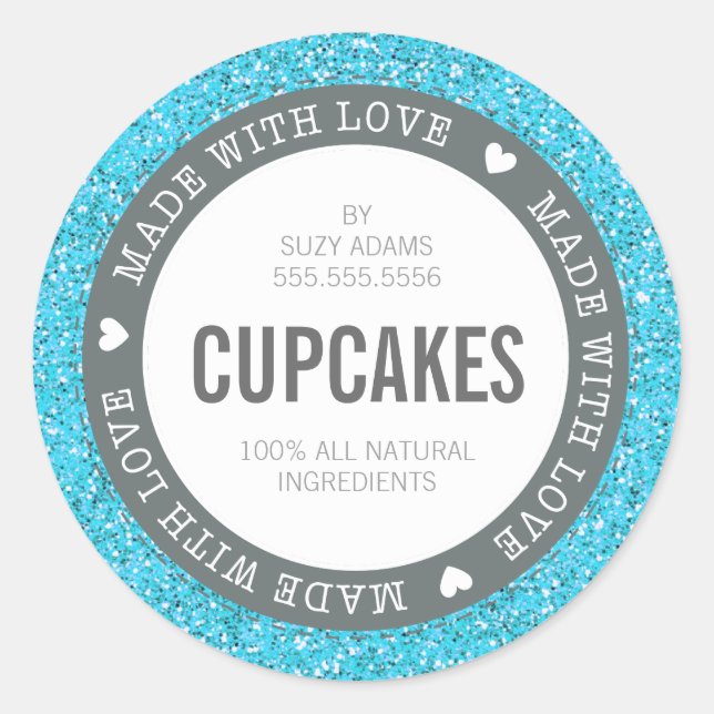 CUTE PRODUCT LABEL made with love glitter blue (Front)