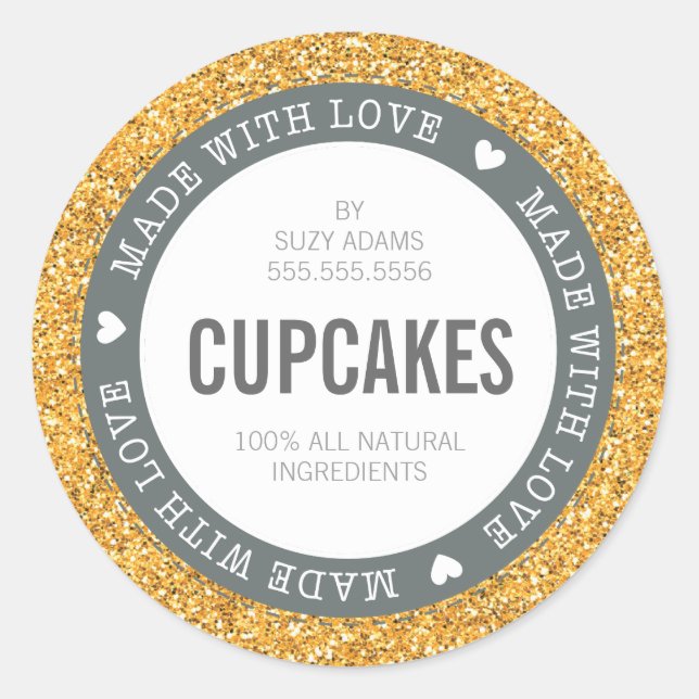 CUTE PRODUCT LABEL made with love glitter gold (Front)