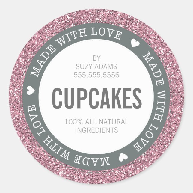 CUTE PRODUCT LABEL made with love glitter pink (Front)