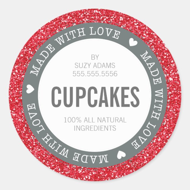 CUTE PRODUCT LABEL made with love glitter red (Front)