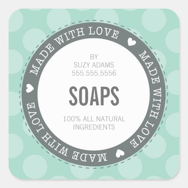 CUTE PRODUCT LABEL made with love polka dot mint (Front)