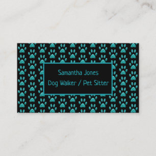 Cute Professional Dog Walker Black Teal Paw Print Business Card