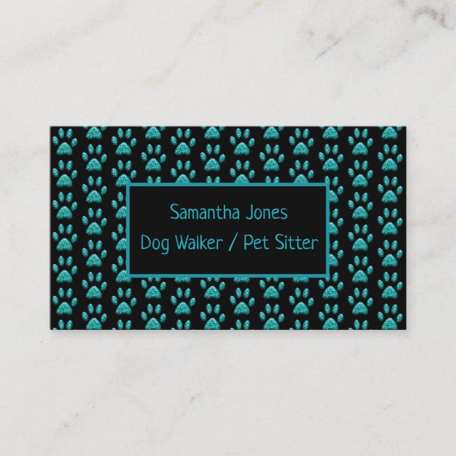 Cute Professional Dog Walker Black Teal Paw Print Business Card (Front)