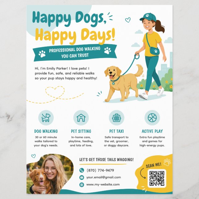Cute Professional Dog Walking & Pet Sitting Flyer (Front)