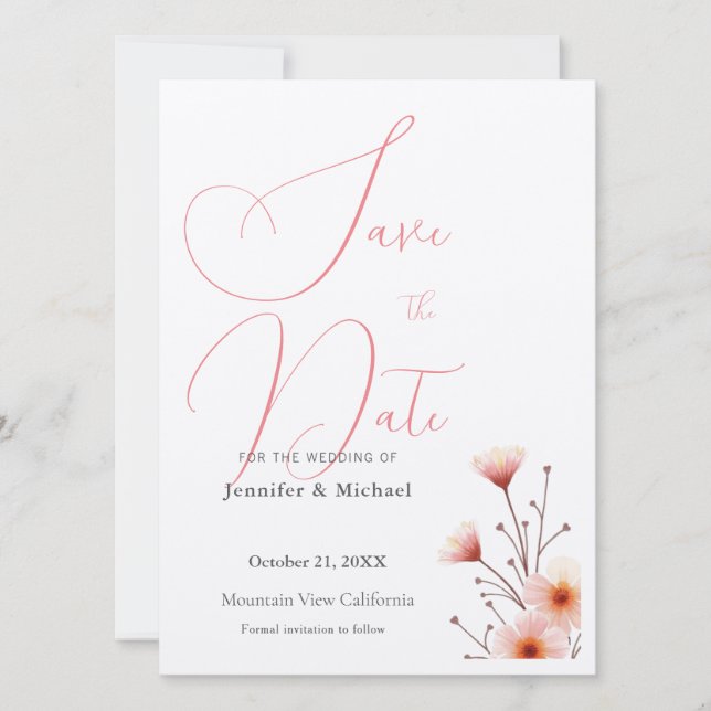 Cute Professional Minimalist Plain Modern Floral Save The Date (Front)