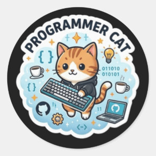 Cute Programmer Cat Coding Laptop Sticker Funny