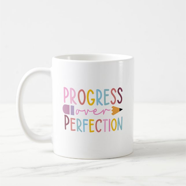 Cute Progress Over Perfection Teacher Pencil Coffee Mug (Left)