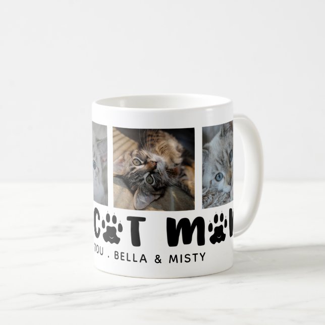 Cute PROUD CAT MOM Paw Print Photo Collage Name Coffee Mug (Front Right)