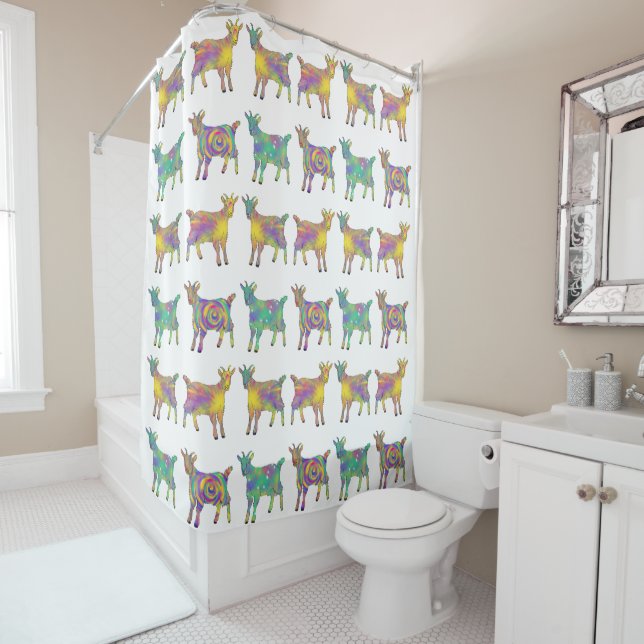 Cute Psychedelic Baby Goats Colourful Animal Art Shower Curtain (In Situ)
