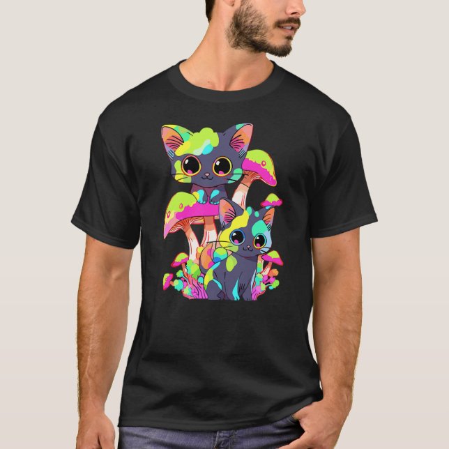 Cute Psychedelic Mushroom Cat Trippy Festival T-Shirt (Front)