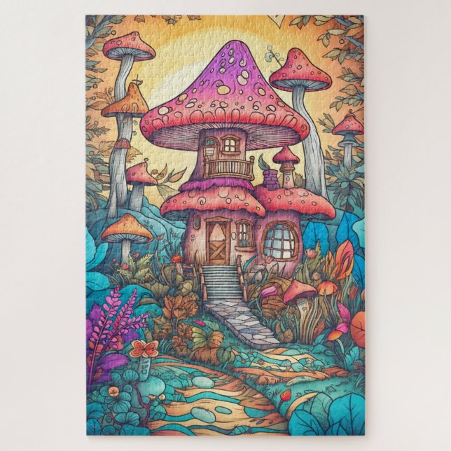 Cute Psychedelic Mushroom House Illustration Jigsaw Puzzle (Vertical)