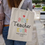 Cute PTA Gift | Best Teacher Ever Tote Bag<br><div class="desc">Say thank you with this teacher appreciation tote gift bag featuring a cute red heart,  the words "best teacher ever" in a colourful typographic design,  their name,  and the year.</div>