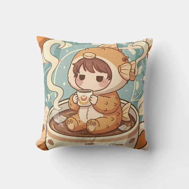 Cute Puffer Fish Coffee & Reading Art Cushion (Front)