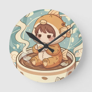 Cute Puffer Fish Coffee & Reading Art Round Clock