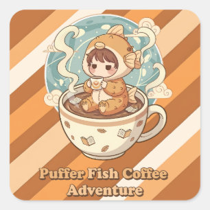 Cute Puffer Fish Coffee & Reading Art Square Sticker