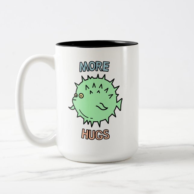 Cute Puffer Fish More Hugs Two-Tone Coffee Mug (Left)