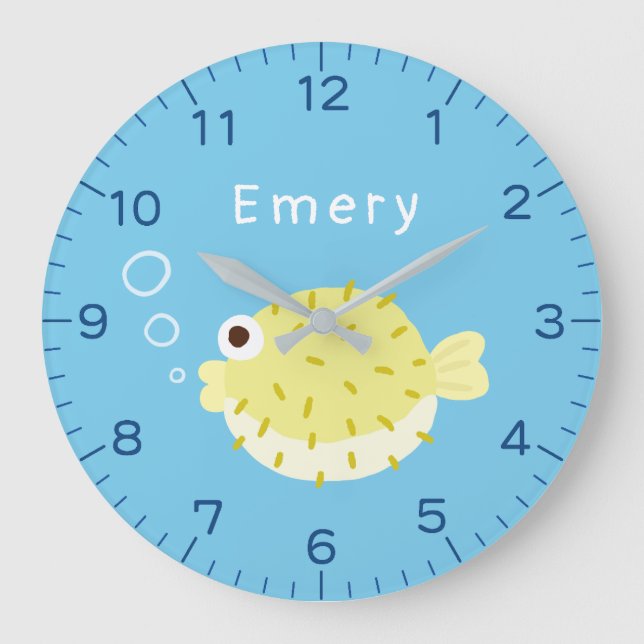 Cute Puffer Fish Personalised Kids Wall Clock (Front)