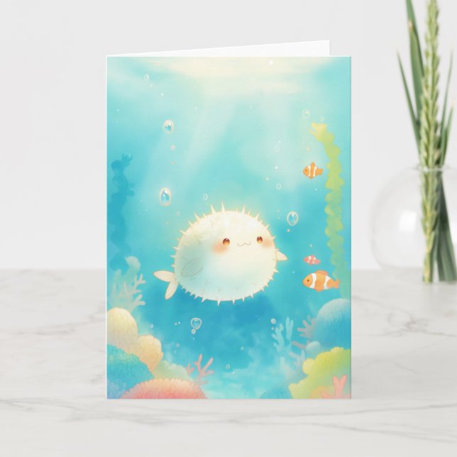 Cute Pufferfish Among the Coral Reef Card (Front)