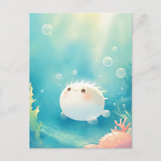 Cute Pufferfish in Luminous Tropical Ocean Postcard (Front)