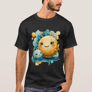 Cute Pufferfish Mum and Baby with Balloon Watercol T-Shirt