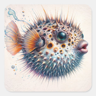 Cute Pufferfish Sea Life Art Square Sticker