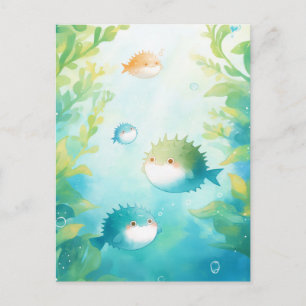 Cute Pufferfish Swimming in Green Seaweed Postcard