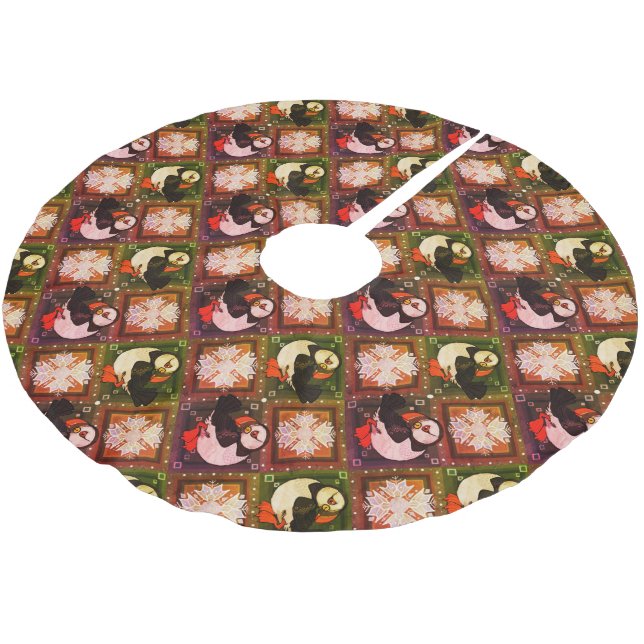 Cute Puffin Birds Winter Pattern Brushed Polyester Tree Skirt (Angled)