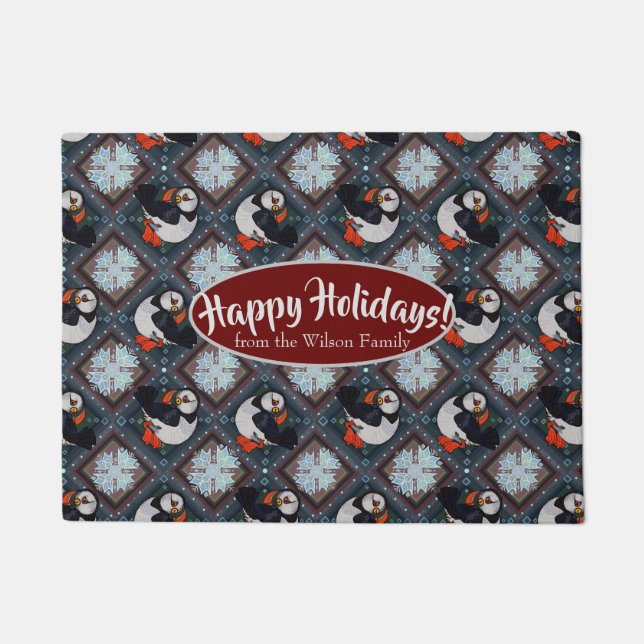 Cute Puffin Birds Winter Pattern Doormat (Front)