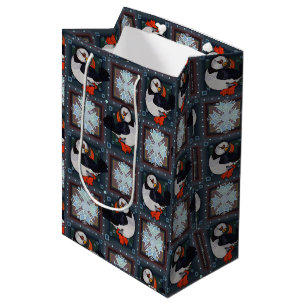 Cute Puffin Birds Winter Pattern Medium Gift Bag