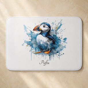 Cute puffin in blue watercolor bath mat