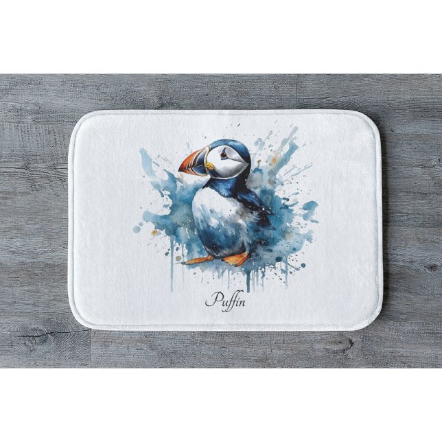 Cute puffin in blue watercolor bath mat (Creator Uploaded)