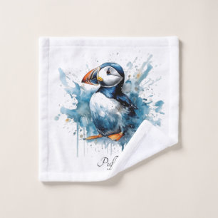 Cute puffin in blue watercolor bath towel set