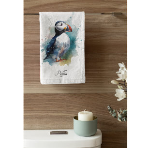 Cute puffin in blue watercolor customisable bath towel set