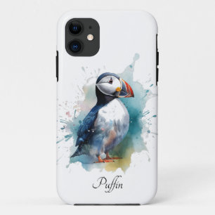 Cute puffin in blue watercolor, customisable iPhone 11 case