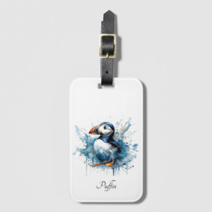 Cute puffin in blue watercolor customisable luggage tag