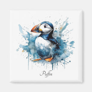 Cute puffin in blue watercolor, customisable magnet