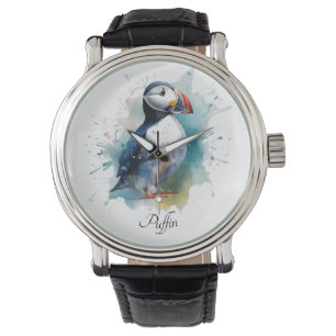 Cute puffin in blue watercolor, customisable watch