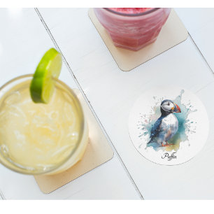 Cute puffin in blue watercolor glass coaster