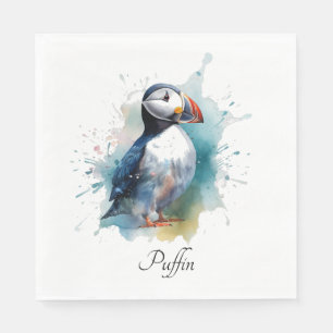 Cute puffin in blue watercolor napkin